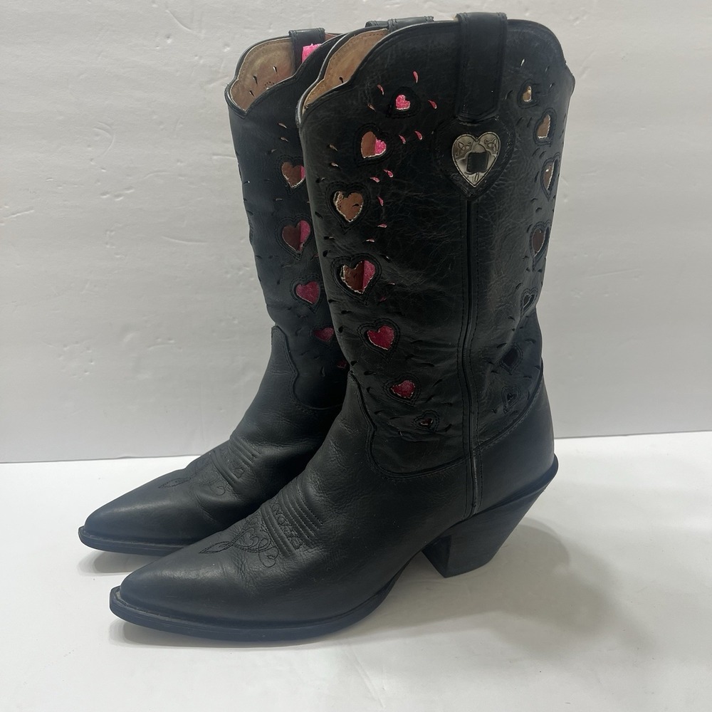 Durango Crush Heart Boots Black Silver Toned Conchos Heart Cutouts Leather 7.5